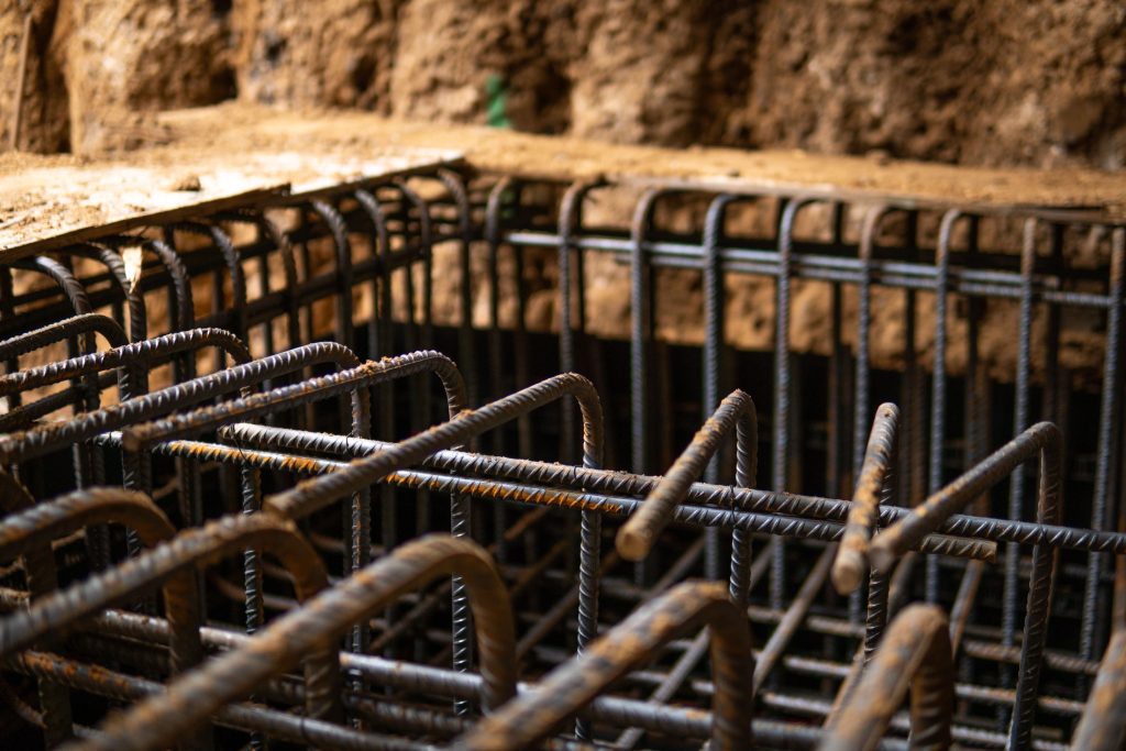 Detail of reinforcement cage in basement construction ahead of concrete placement